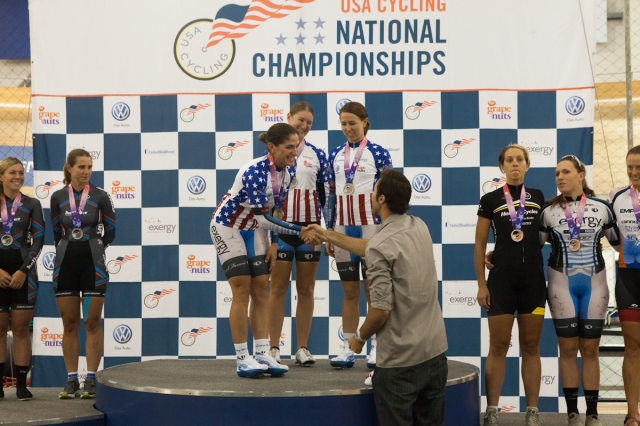 The Exergy TWENTY 12 girls are congratulated for their team pursuit win